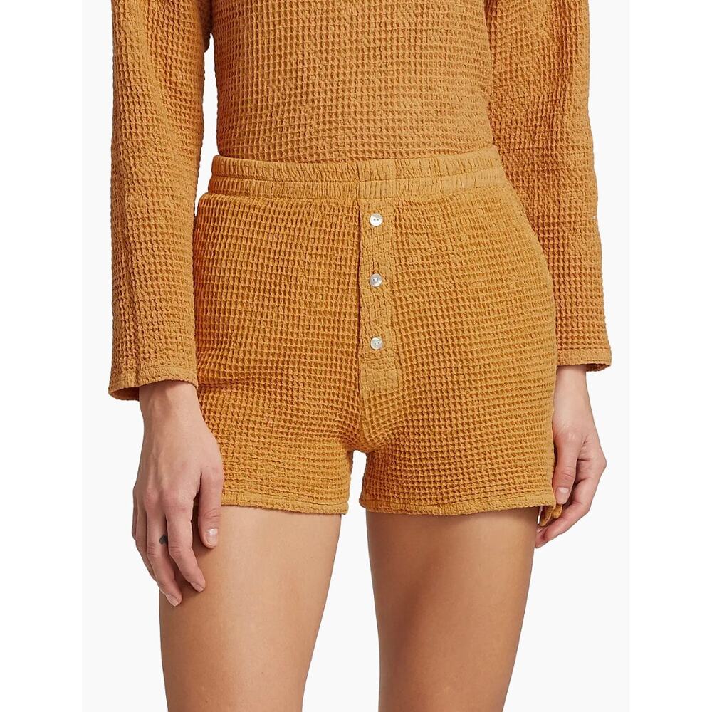 DONNI. Mustard Waffle Knit Button-Front Shorts